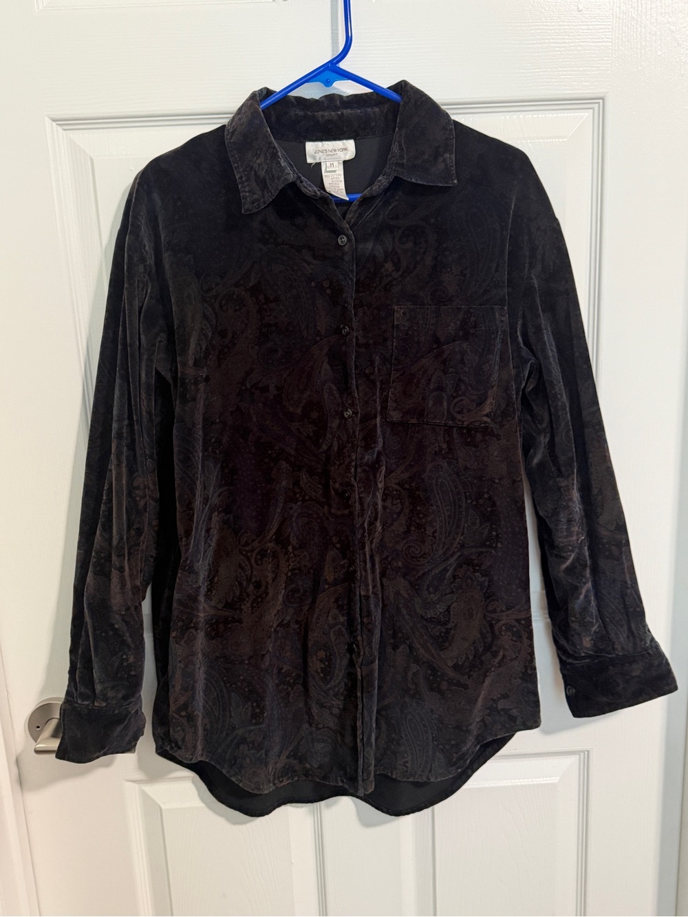 Vintage Jones New York Sport M Brown Paisley Velvet Button Up Shirt Y2K 90s